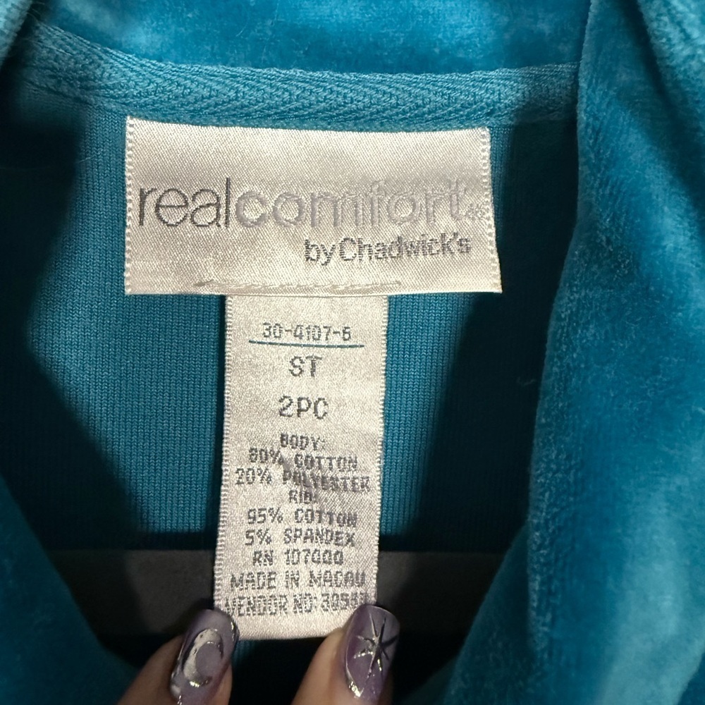 Real Comfort by Chadwicks Teal Blue Velour Zip Up Jacket Small - Picture 3 of 6